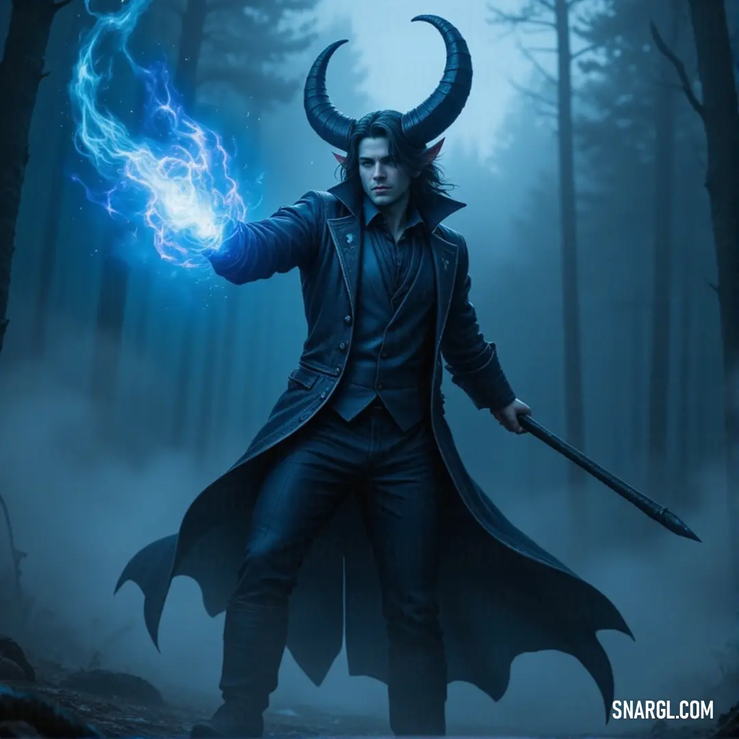 A male vampire in a dark forest, clutching a glowing blue orb, with horns on his head and a mysterious, supernatural presence. A male vampire, mysterious and powerful, holds a glowing blue orb of light in his hands as he stands amidst an eerie, fog-laden forest. His head adorned with horns, his appearance takes on a Remiel-like aura, blending darkness and supernatural energy.