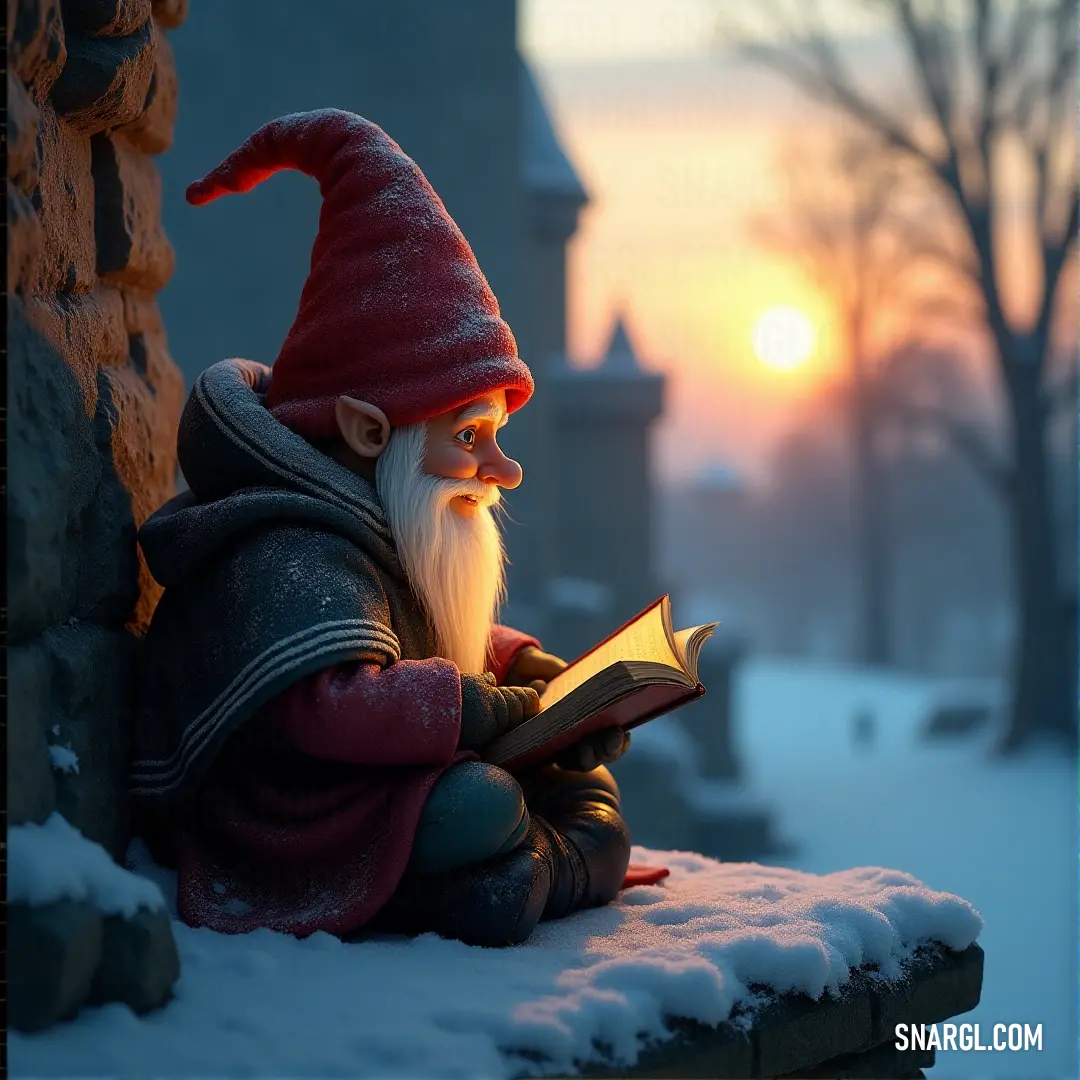 A detailed statue of Remy, lost in the pages of a book, stands amidst a blanket of snow. The soft light of either dawn or dusk casts a gentle glow on the scene, with a distant castle peeking out from the frosty landscape.