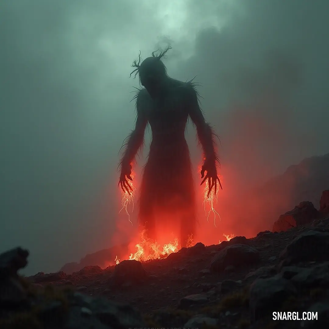 A Restless Spirit stands triumphant in a fiery landscape, its hands raised amidst the glow of an otherworldly lava field, embracing both chaos and beauty. Amidst a surreal lava field, a Restless Spirit rises with arms outstretched to the vibrant, glowing flames, embodying both power and despair against the backdrop of an otherworldly landscape ablaze with fiery hues.
