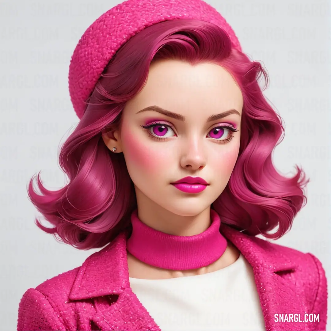 Cute doll with pink hair and a pink hat on her head