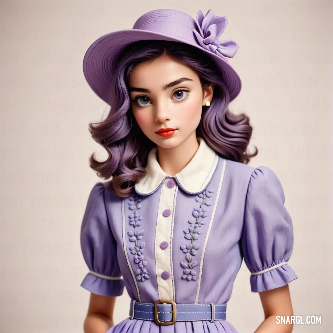 Doll with a purple dress and hat on a table with a white background