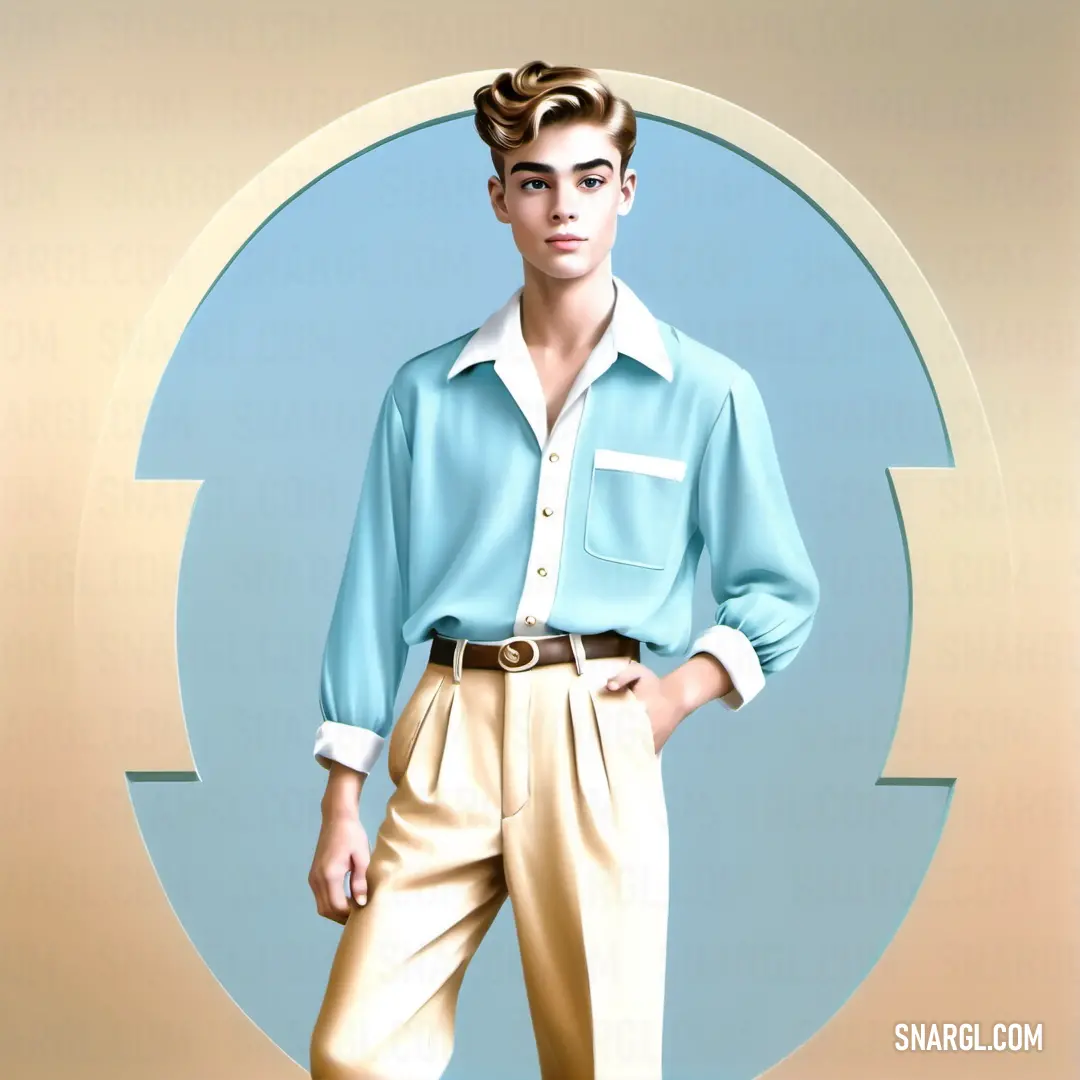 Man in a blue shirt and tan pants is standing in front of a circular background with a white circle