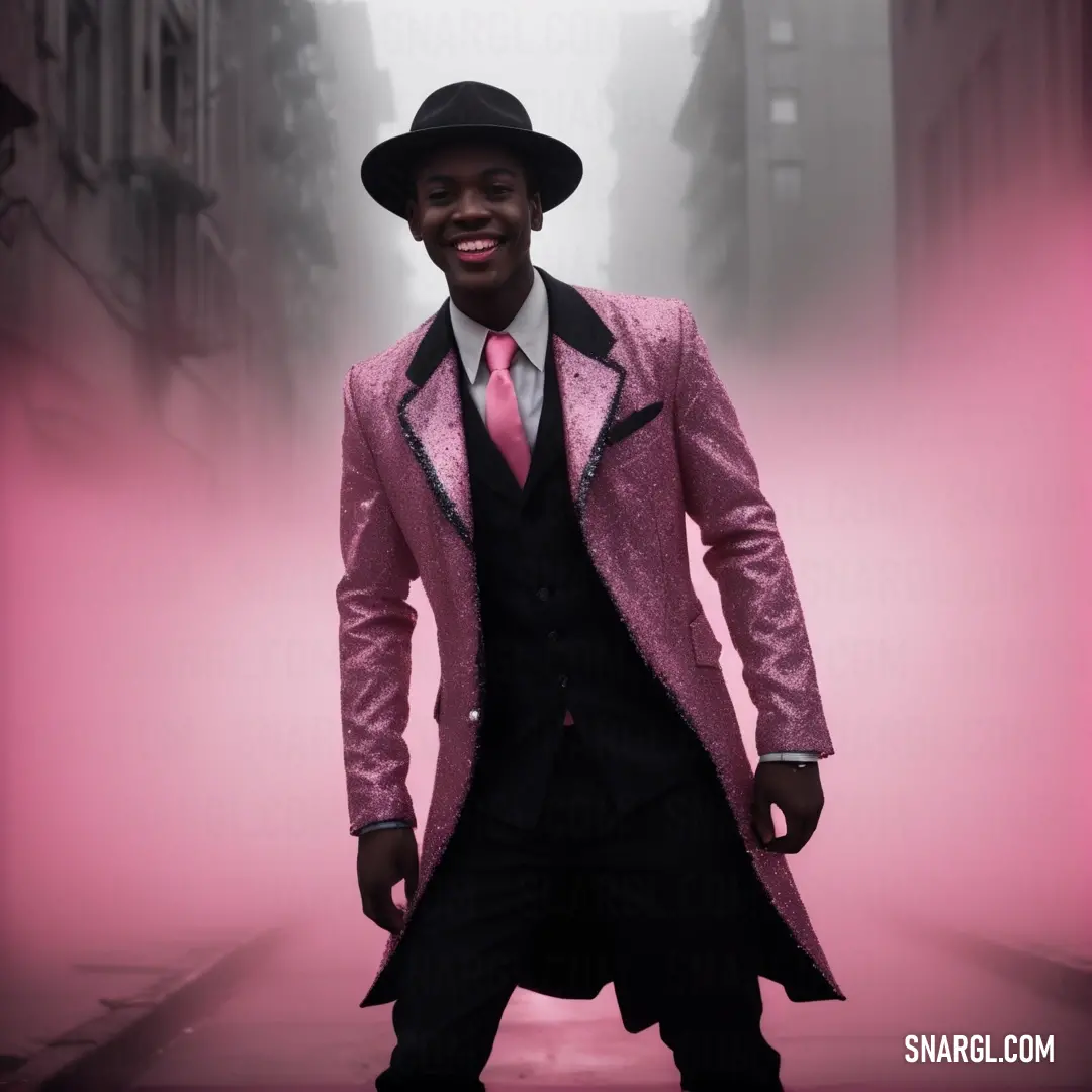 Man in a pink suit and hat standing in a street