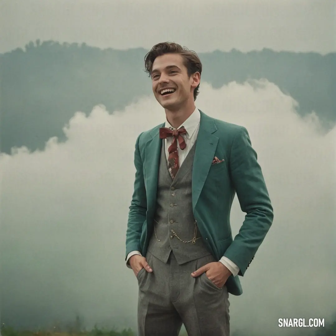 Man in a suit and tie standing in front of a cloud of smoke and mountains with a smile on his face