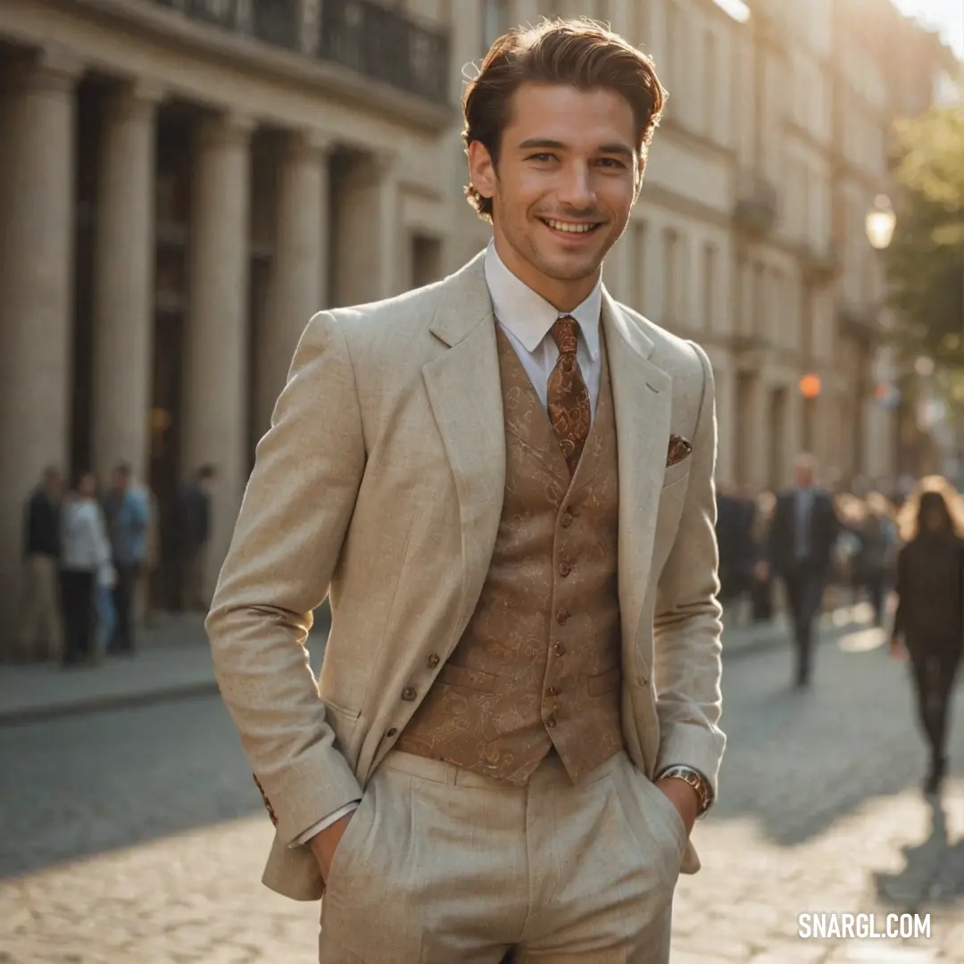 Man in a suit standing on a street with a smile on his face