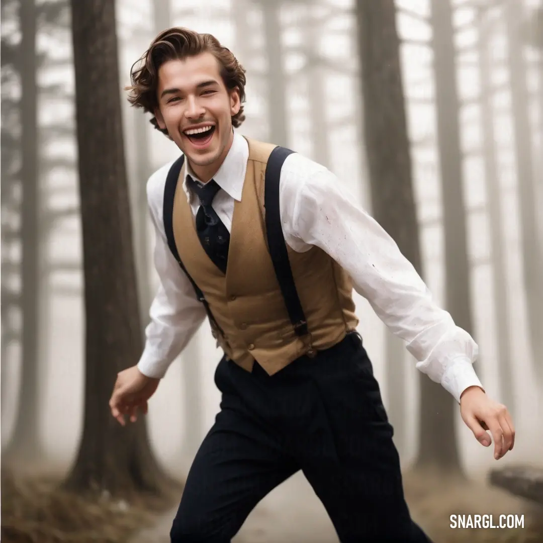 Man in a vest and tie is laughing in the woods with trees in the background