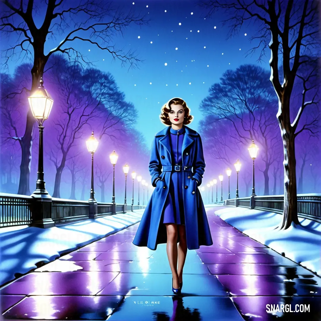 Painting of a woman in a blue coat walking down a street at night