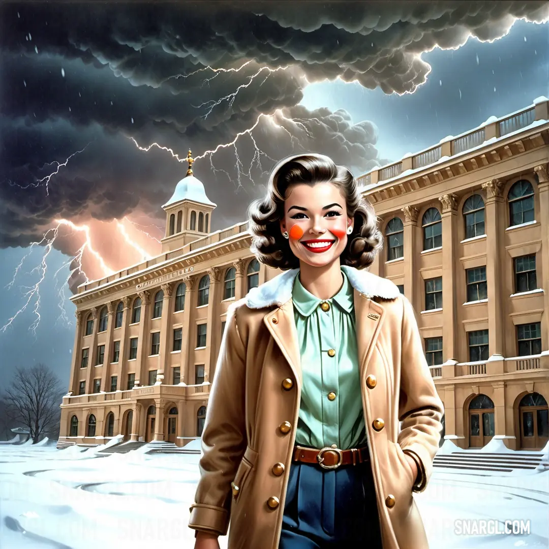 Woman in a coat standing in front of a building with a lightning in the background