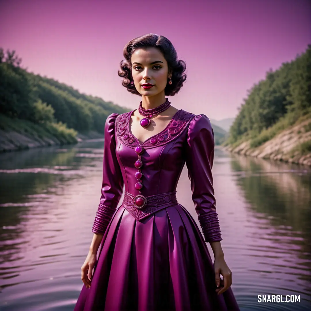 Woman in a purple dress standing in water with a pink sky in the background and a river in the foreground