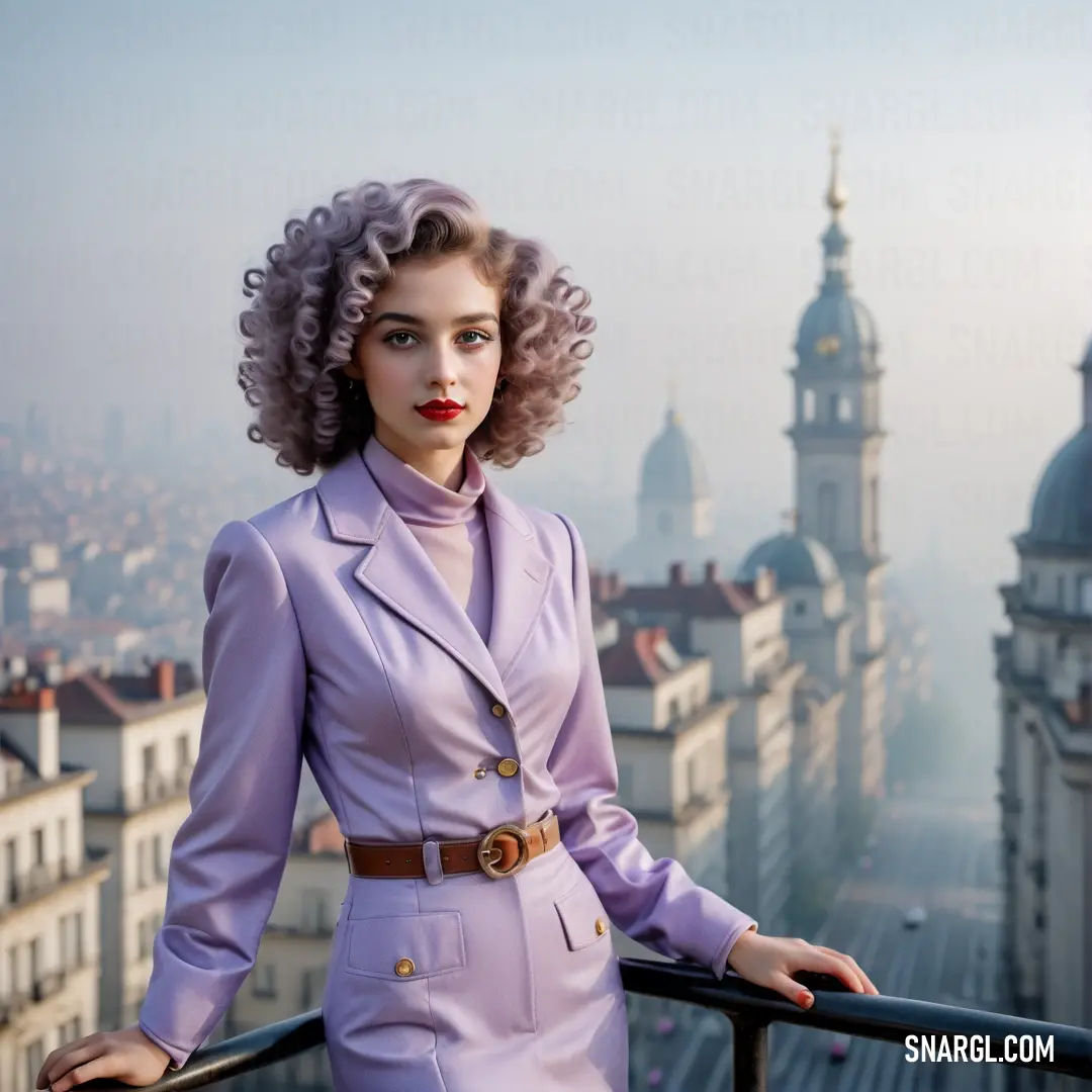 Woman in a purple suit standing on a balcony with a city in the background and a clock tower