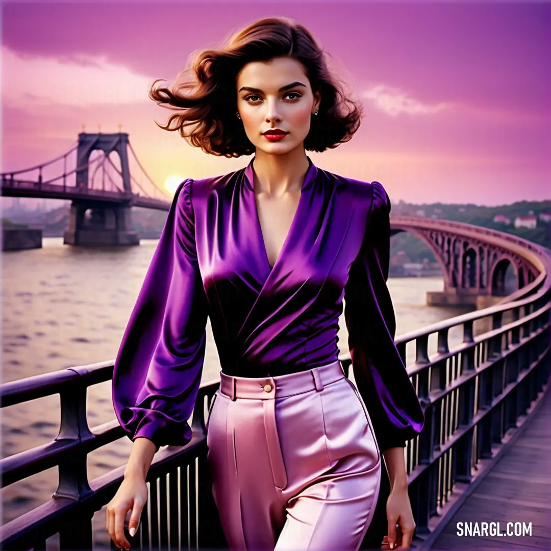 Woman in a purple top is standing on a bridge near the water and a bridge is in the background