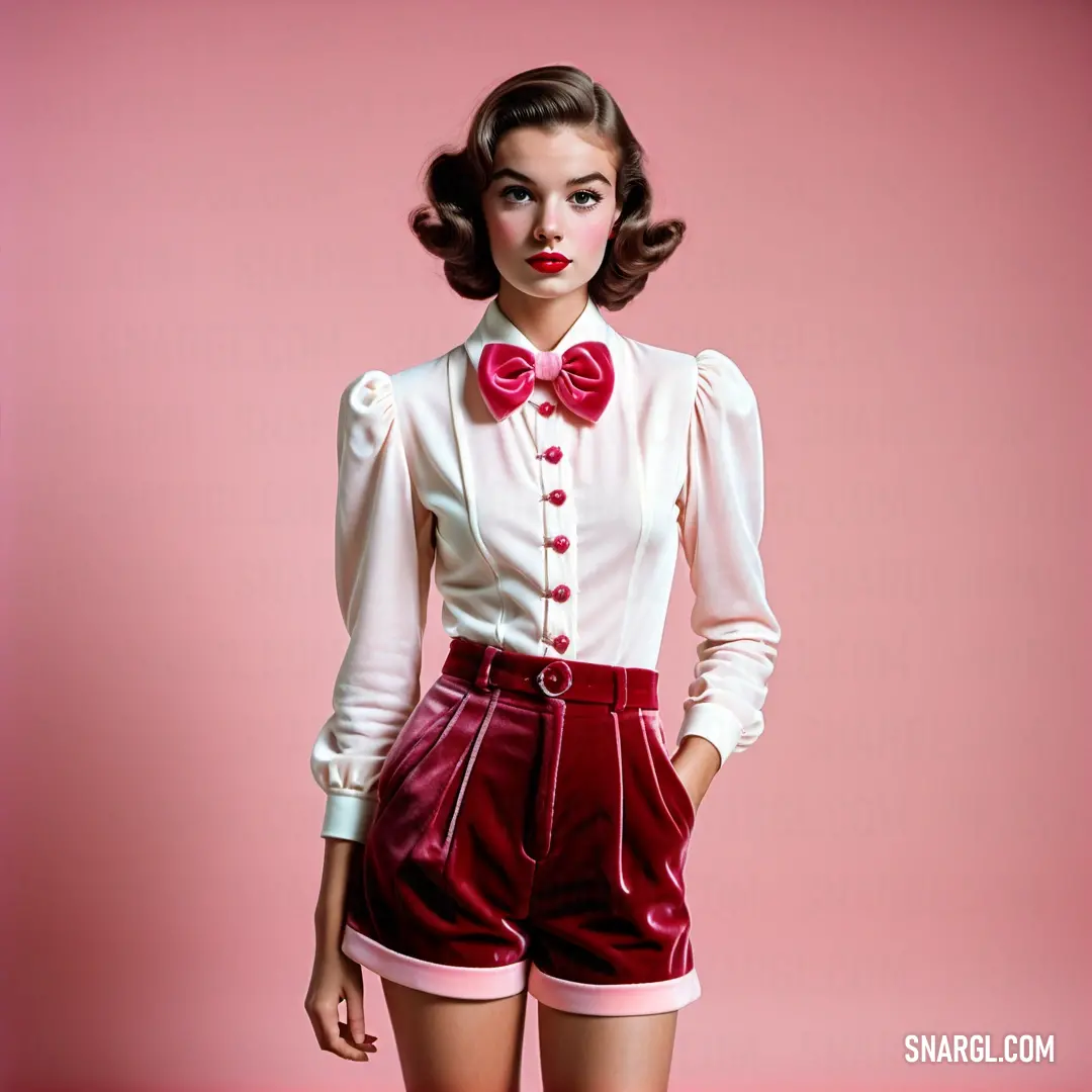 Woman in a short skirt and bow tie posing for a picture with a pink background