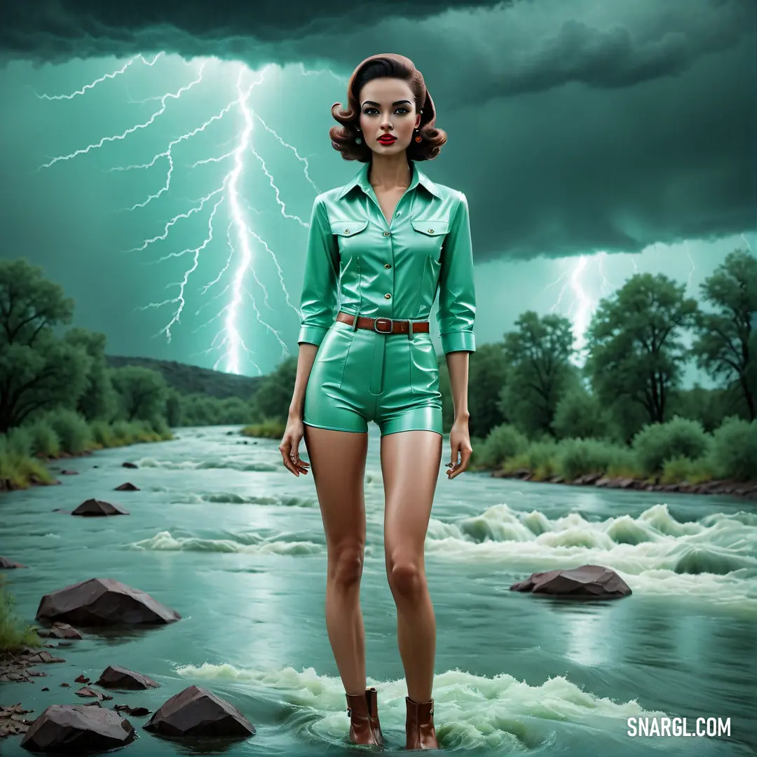 Woman in a short suit standing in a river with a lightning in the background