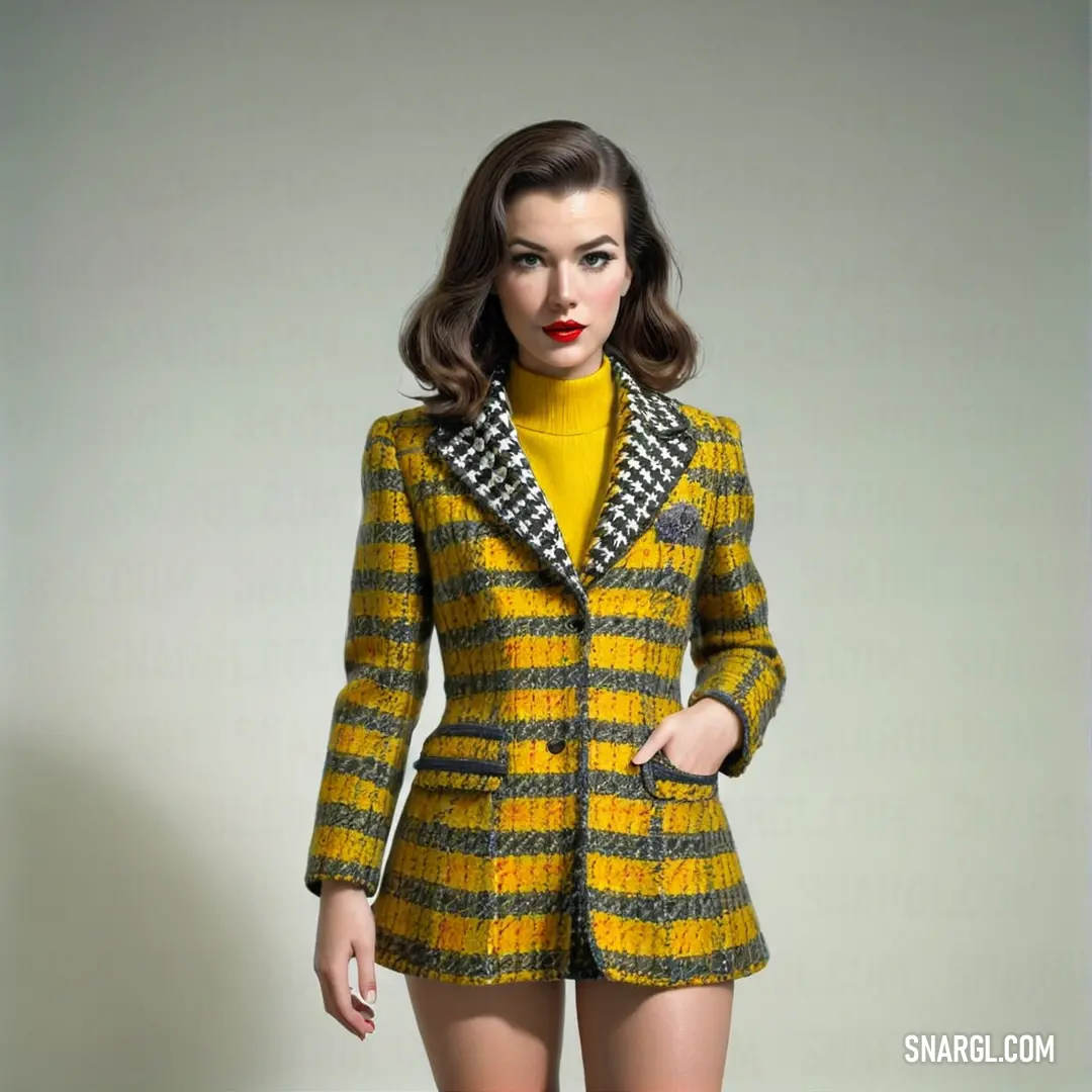 Woman in a yellow and black jacket and shorts with a red lipstick on her lips and a yellow sweater