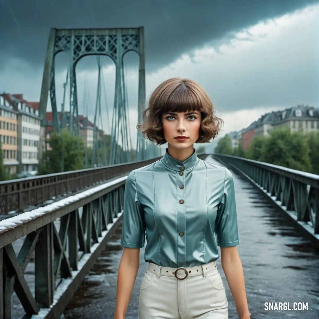 Woman standing on a bridge in the rain with a cloudy sky behind her