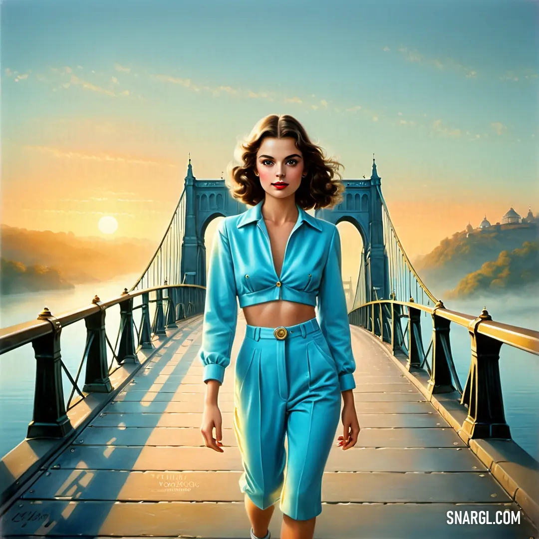 Woman walking across a bridge with a blue shirt and pants on it's chest