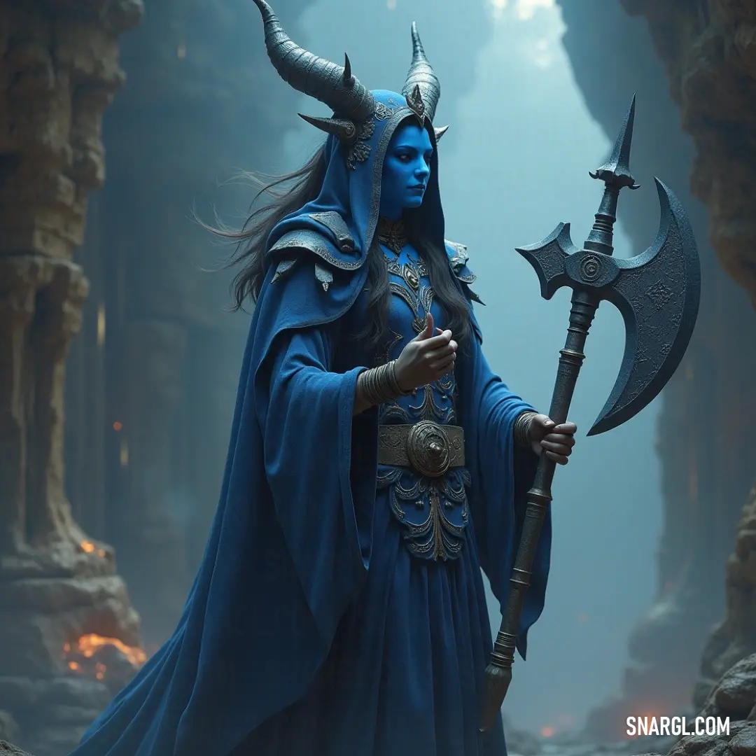 Victor of the Wild: A Humble Warrior's Prize A heroic figure in a striking blue costume grips a massive axe, displaying an impressive horned head as a trophy of battle, showcasing strength and bravery against a backdrop of triumph and valor.