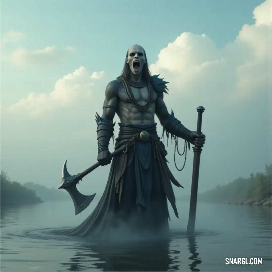 Revenant knight with horns and long beard, holding a staff in a body of water under a cloudy sky A revenant knight, his head crowned with horns and his long beard flowing, grips a staff as he stands in a body of water. The cloudy sky above casts a somber light upon him, highlighting his formidable presence in this mystical setting.