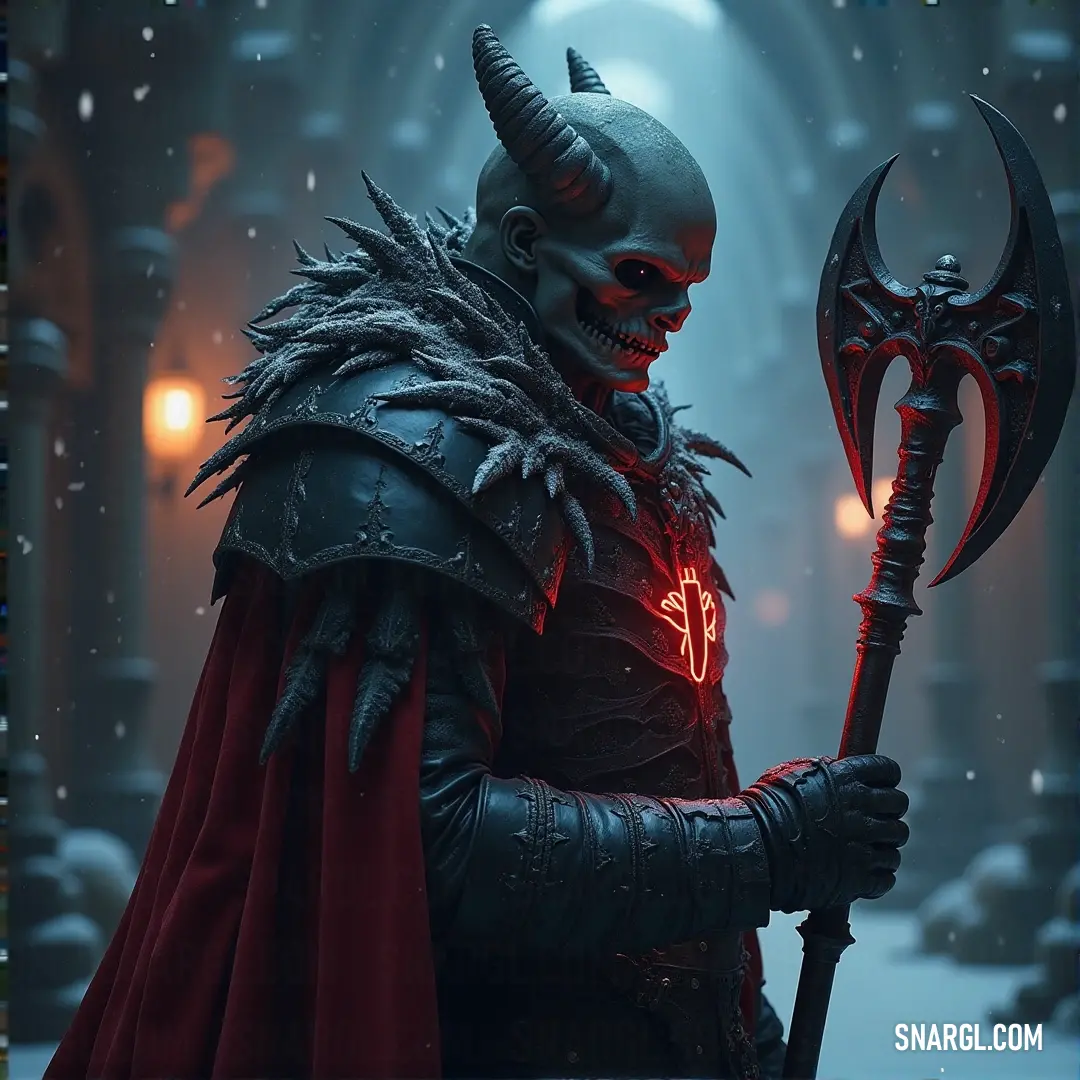 The Revenant Lord, crowned with horns and cloaked in red, wields his massive axe in the bitter cold. His imposing figure stands against the snowstorm, a ruler of death and destruction amidst the frost. A Revenant Lord, fearsome with his horned head and red cape, stands holding a massive axe in a snowy landscape. The wind howls around him, his dark form a striking contrast against the endless white of the snow.