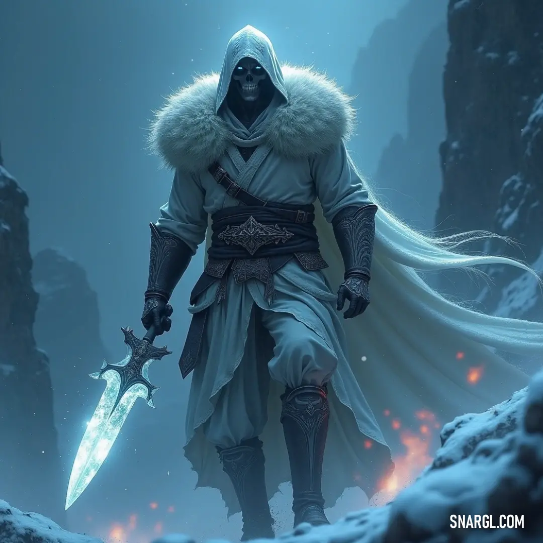 Majestic Revenant Prince with a sword in a snowy landscape The snowy landscape unveils a majestic Revenant Prince in a pristine white outfit, brandishing a gleaming sword, ready to confront the trials of a frozen wilderness framed by towering mountains.