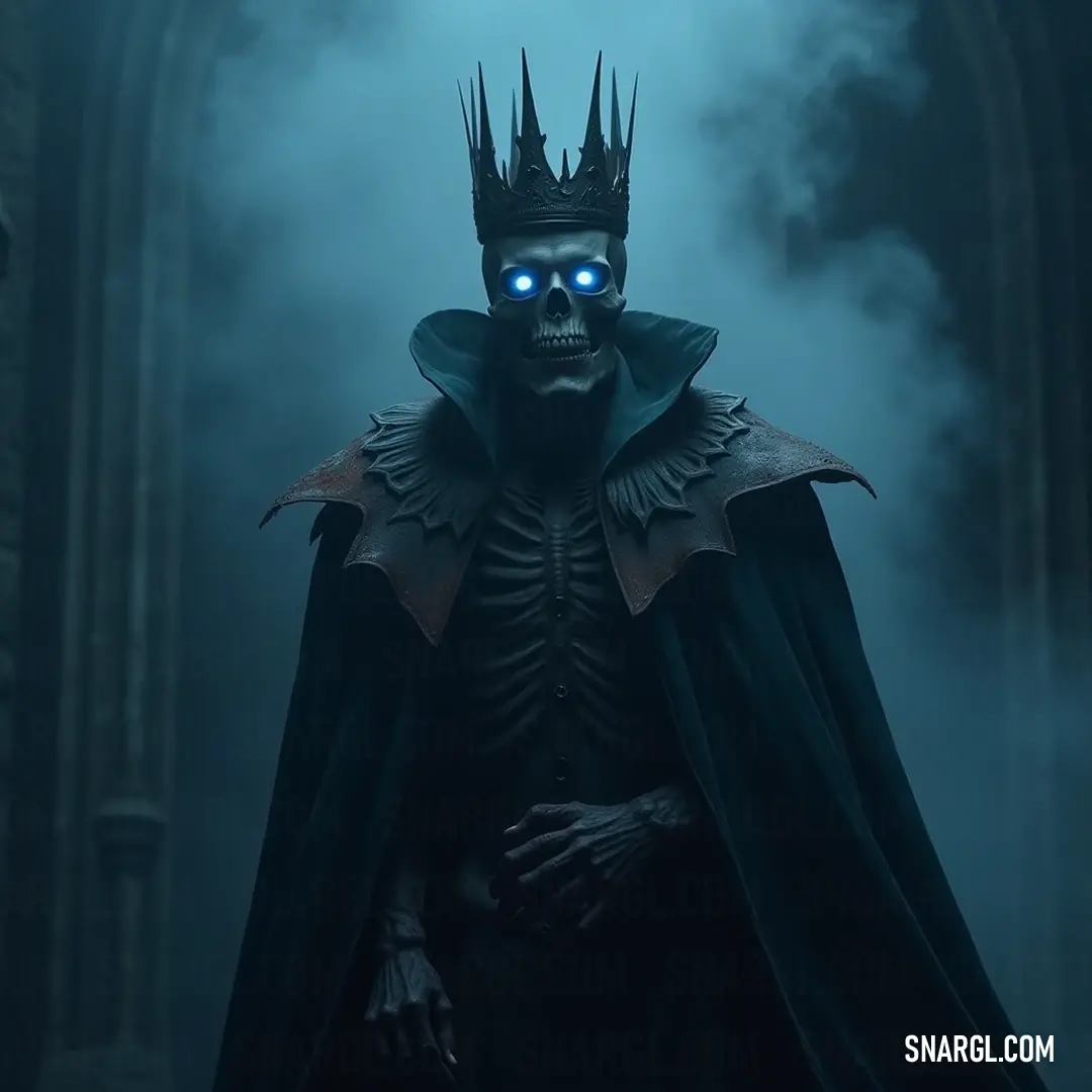 The Revenant Prince, adorned in a regal crown and flowing cape, gazes intensely with glowing eyes as he towers amidst swirling fog in a dimly lit chamber of shadows and secrets.