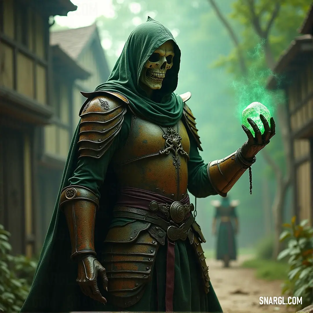 A revenant sorceress, draped in flowing green robes, conjures a vibrant green orb in her hand, her gaze filled with dark magic. The atmosphere crackles with energy, as if the sorcery could bend reality itself.