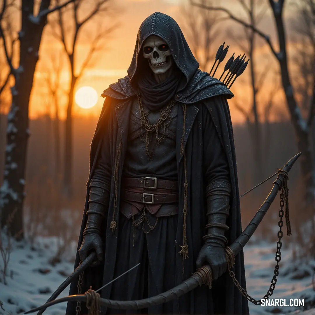 A revenant sorceress, dressed in black, draws her bow in a snowy forest at sunset, her eyes locked on an unseen target. A revenant sorceress stands poised in the midst of a snowy forest, her black attire blending with the twilight of a setting sun. With a bow and arrow drawn, she stands ready for any challenge that may approach.