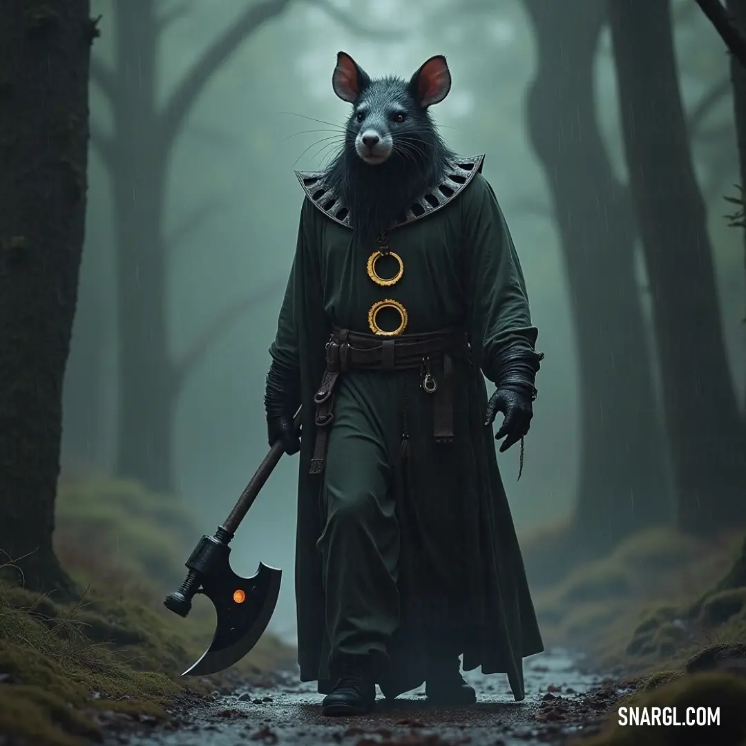 A valiant creature in a colorful costume brandishes a large axe in a vibrant forest setting, framed by verdant trees and gentle grass, evoking a sense of adventure and bravery. A valiant creature clad in a vibrant costume wields a massive axe while confidently posing in a lush forest, surrounded by towering trees and soft grass that complete the enchanting scene.