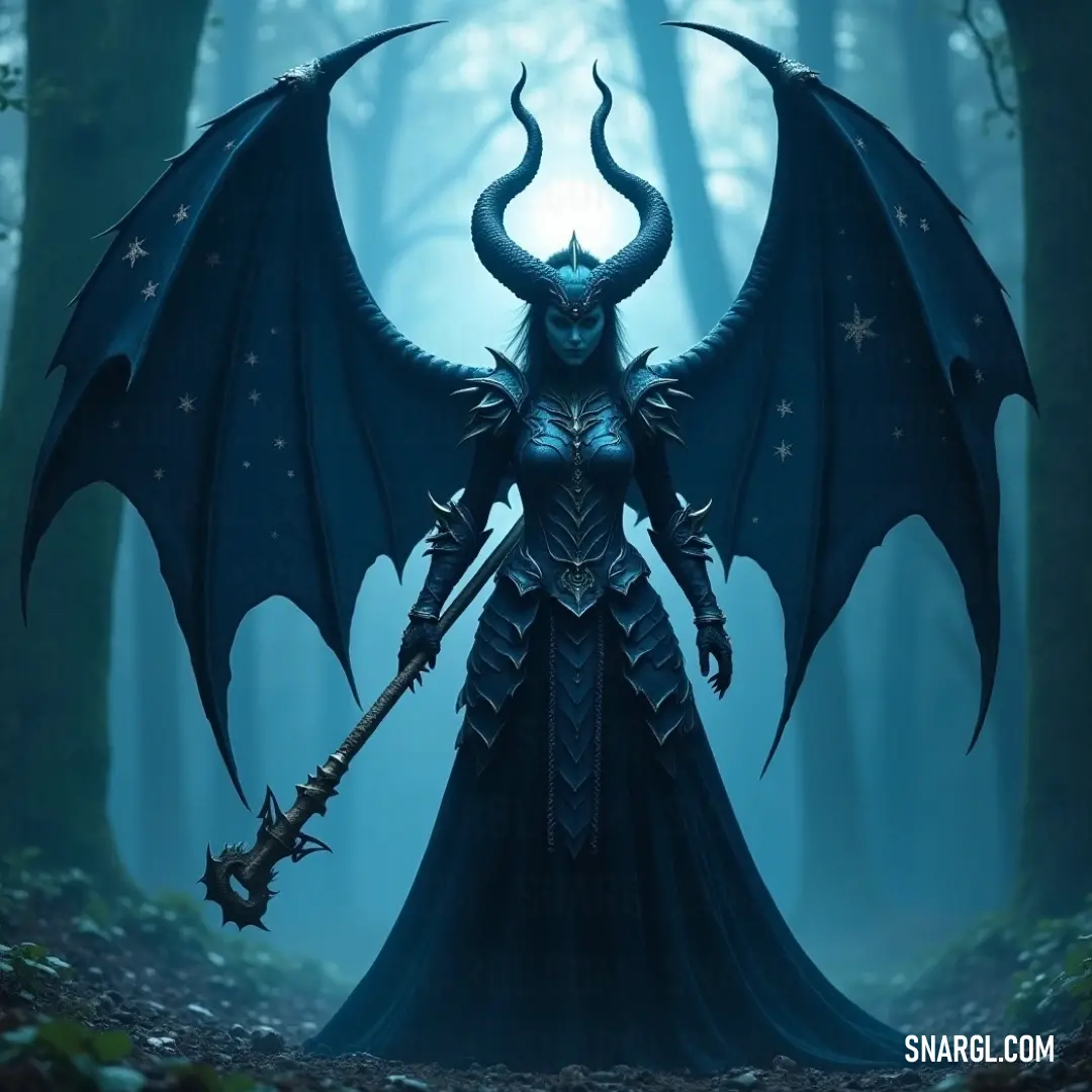 Rhiannon, with her horned head and sword, stands tall in the heart of a forest filled with ancient trees and lush leaves. Rhiannon, with a regal horned head and a fierce expression, stands in the midst of an ancient forest. Clutching a sword, she commands the woods around her, as the trees and leaves whisper with the wind.