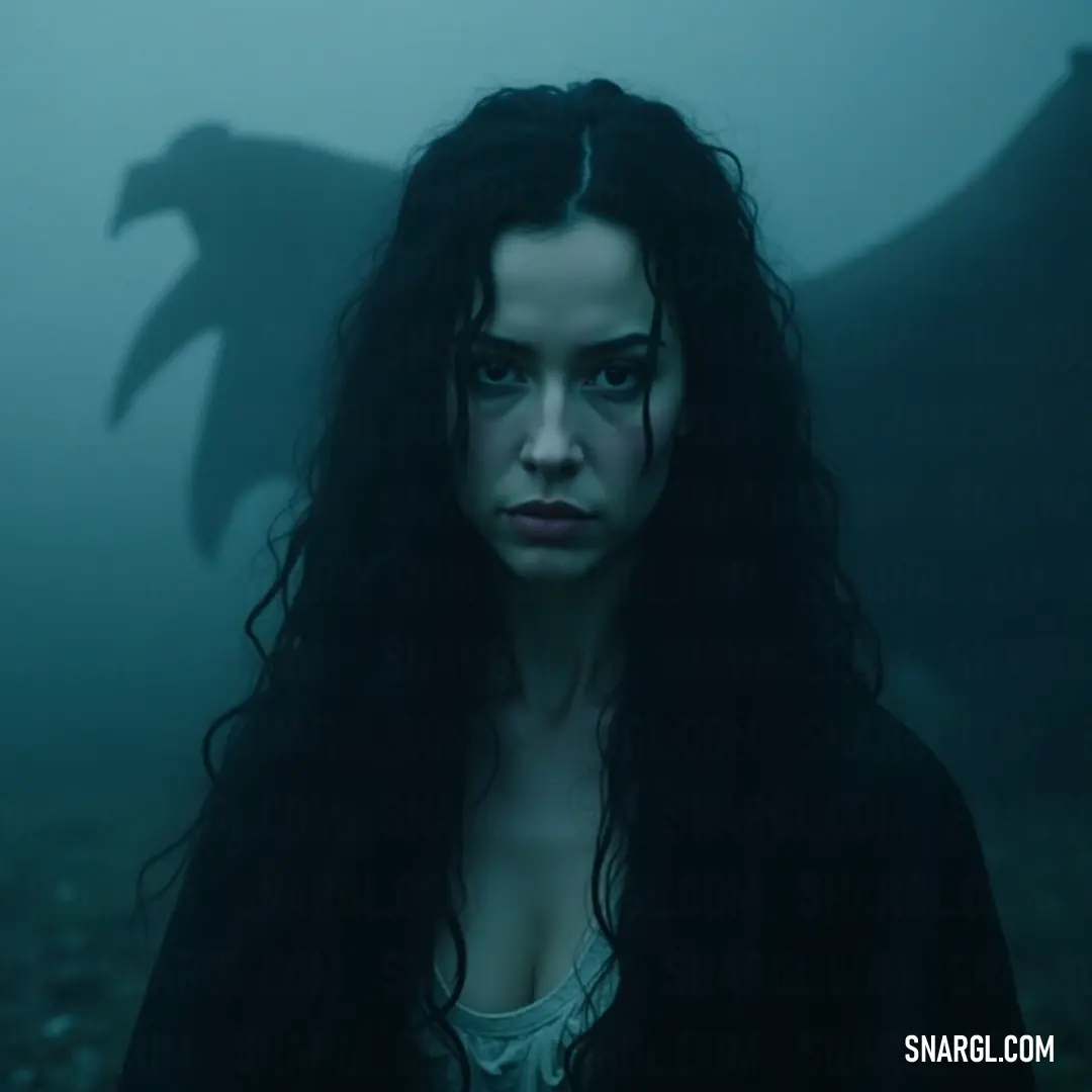 A powerful figure in a misty landscape with a dragon. A fierce figure with long flowing hair, cloaked in black, stands resolutely in a misty setting, a dragon looming behind her, adding an air of power and strength to the captivating scene painted with shades of fog.