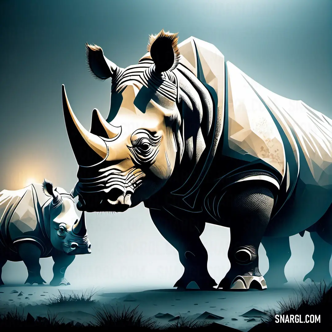 A rhino and a rhinoceros stand side by side in a grassy field, bathed in soft light. Their shared presence creates a striking image of unity and strength, highlighting the beauty of these magnificent creatures in nature.