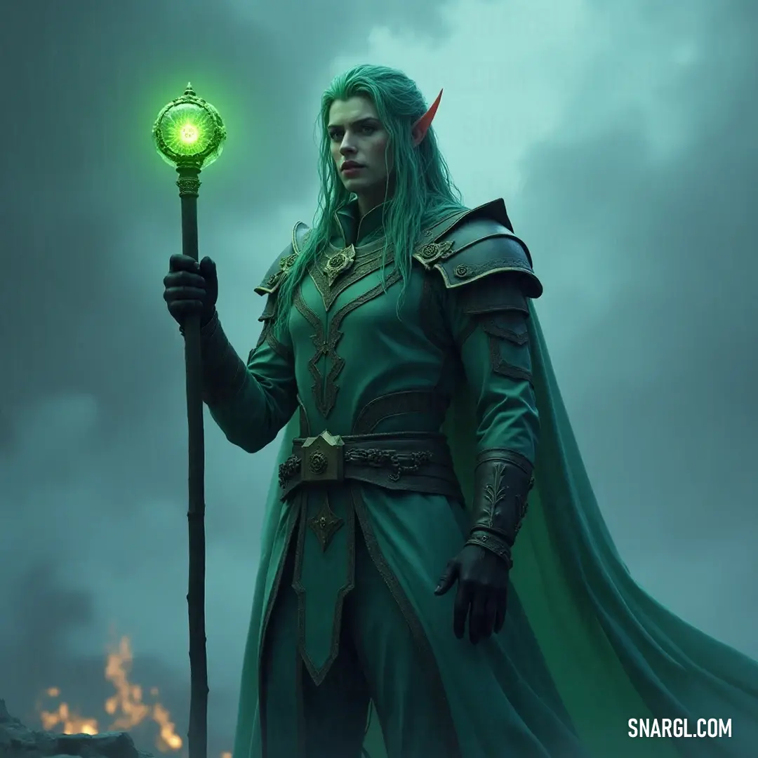 A serene portrayal of a character adorned in rich green, skillfully holding a radiant staff and a glowing lantern, enveloped in a magical ambiance that beckons to the wonders of the wilderness. A stunning figure in green attire, elevating a glowing staff while cradling a lantern, beautifully illuminated within a dreamy landscape where soft colors evoke an atmosphere of serene enchantment.