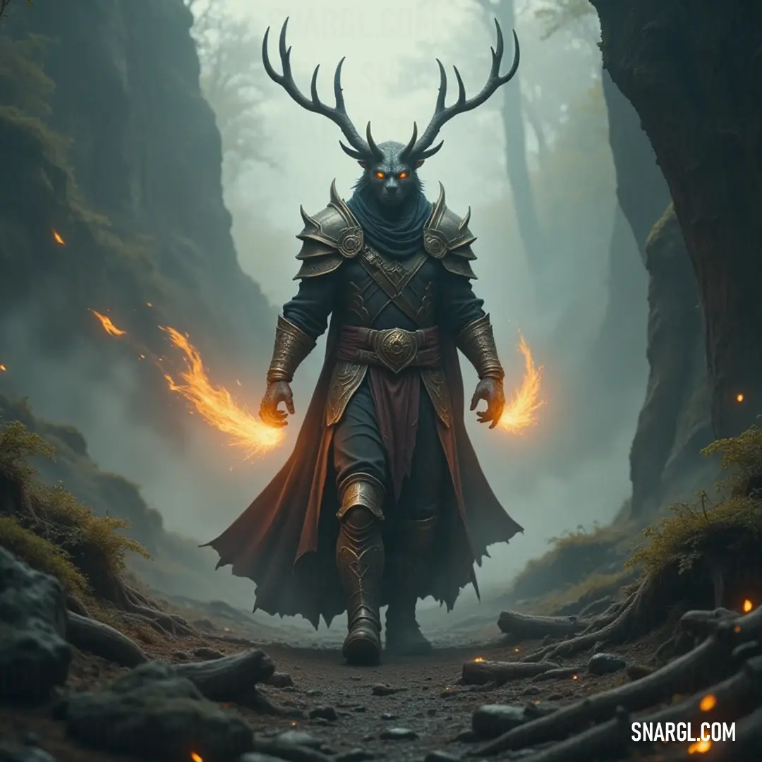 A dynamic image of a horned figure, wielding flames, making his way through a dense, shadowy forest filled with whispers of nature, showcasing a fascinating duality of power and grace. A compelling portrayal of a horned warrior navigating a shadowy forest, embers glowing in his hands while he traverses through the enigmatic surroundings, embodying strength and a connection to fiery magic.