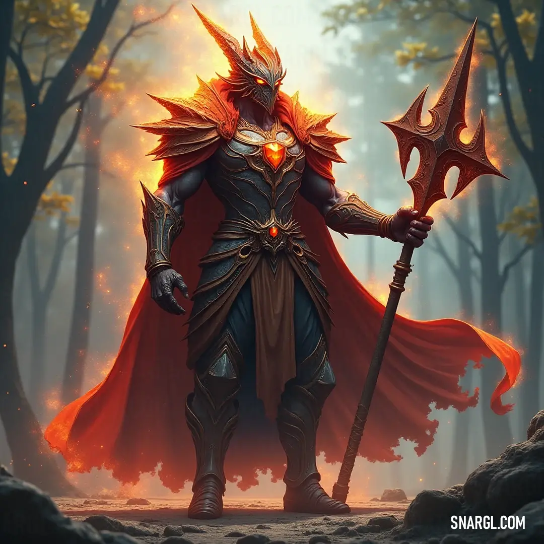 An exhilarating portrait of a character shrouded in a billowing red cape, brandishing a fiery staff, radiates strength and captivating energy against a mesmerizing backdrop that ignites the imagination. A striking figure in a flowing red cape, holding a blazing staff, stands amidst a vibrant scene illuminated by the fire's glow, creating an atmosphere of mystery and raw energy that invites curiosity.
