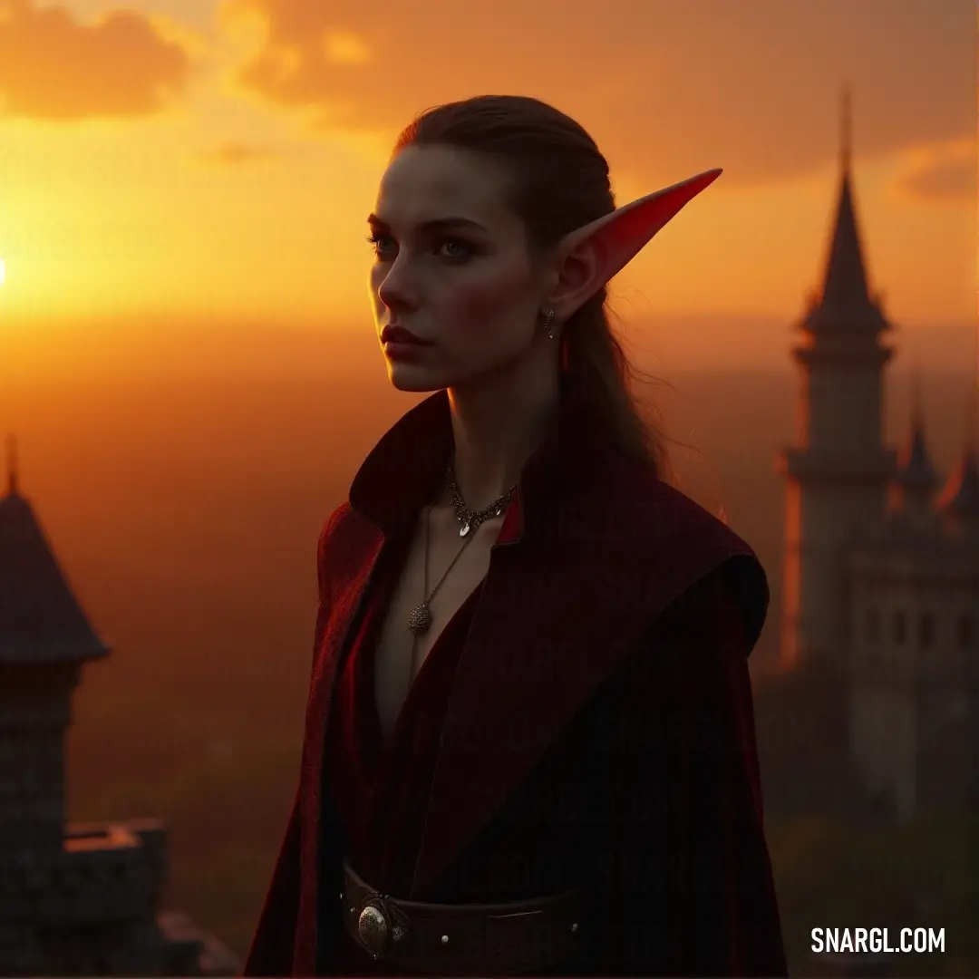 Rhovanion in a red cape and a red hat stands in front of a castle at sunset