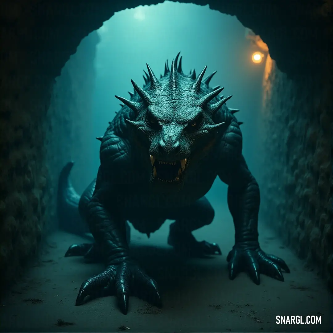 A colossal creature with its mouth wide open, illuminated by a side light as it towers in a dark, eerie tunnel. A large, mythical creature with an open mouth stands in a dimly lit tunnel. A soft beam of light from the side highlights its detailed features, casting dramatic shadows on the walls.