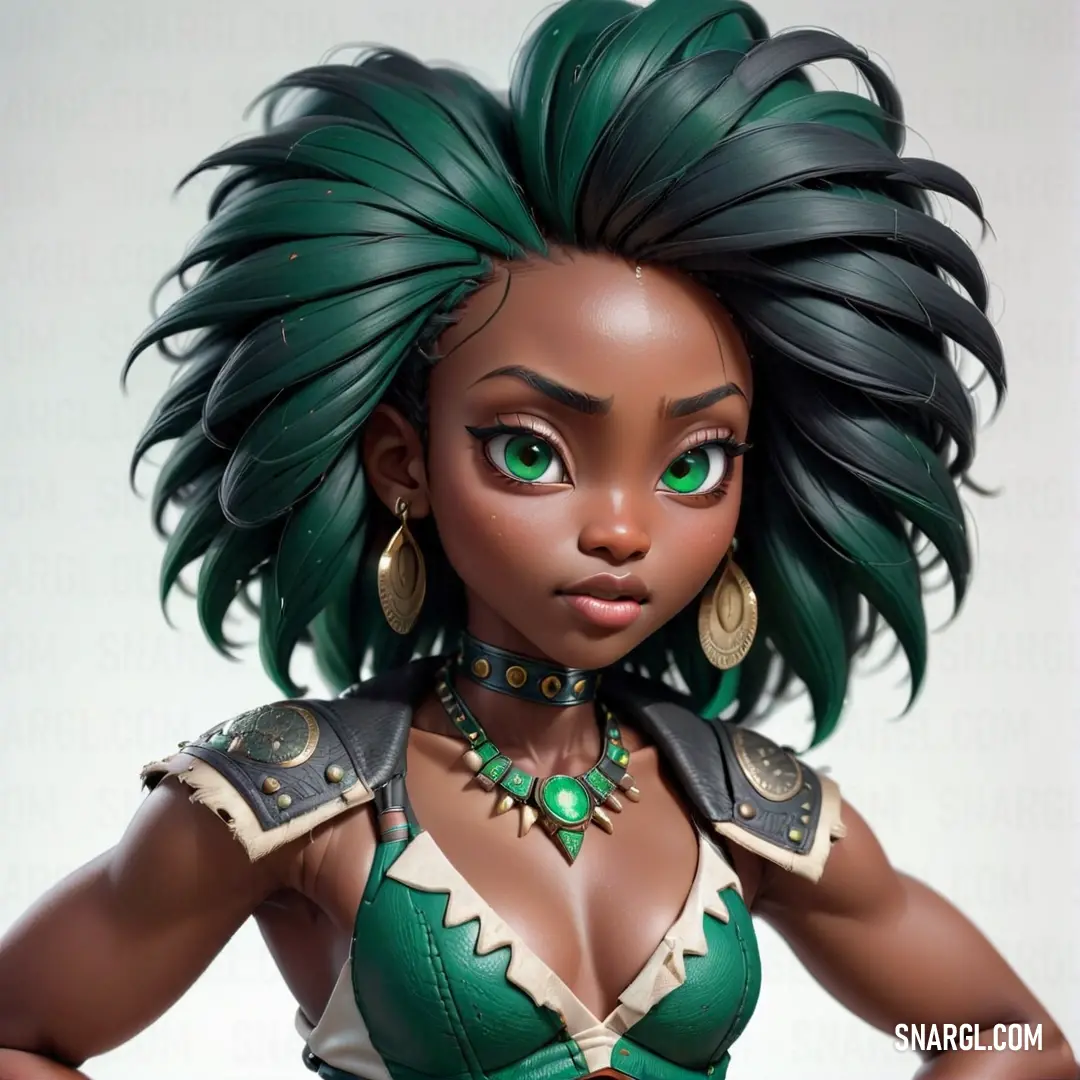 Rich black color. Close up of a doll with green hair and green eyes and a green bra top with gold earrings