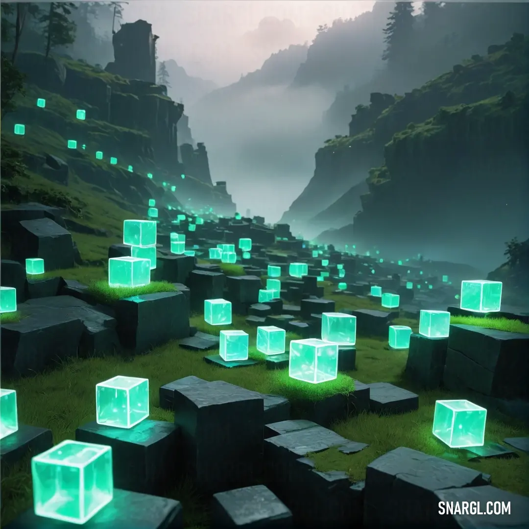 Field with glowing cubes in the grass and mountains in the background. Color RGB 0,64,64.