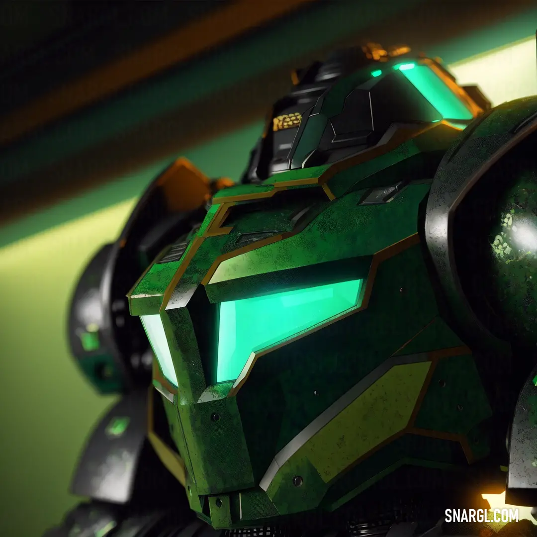 Green and black robot with glowing eyes and a green helmet on it's head and a green light on its face