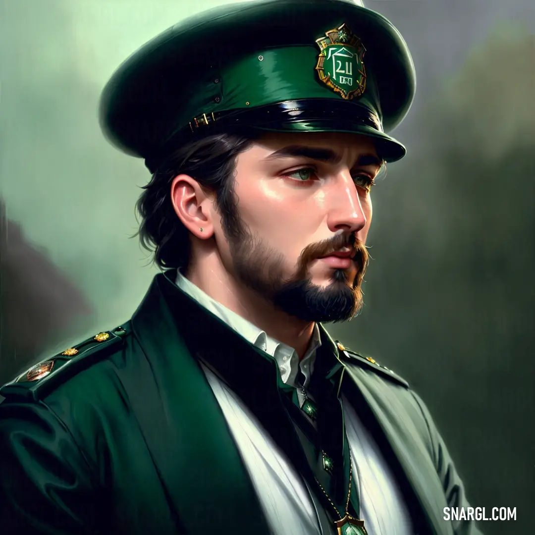 Man in a green uniform with a beard and a beard mustache is looking to his left