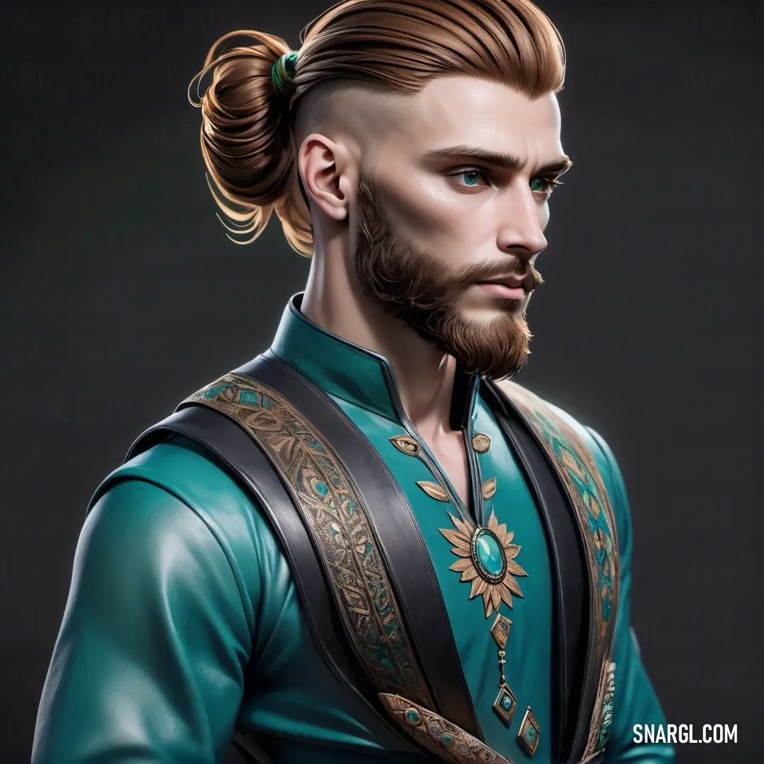 Man with a beard and a top knot in his hair is wearing a green suit and a green top knot. Color CMYK 100,0,0,75.