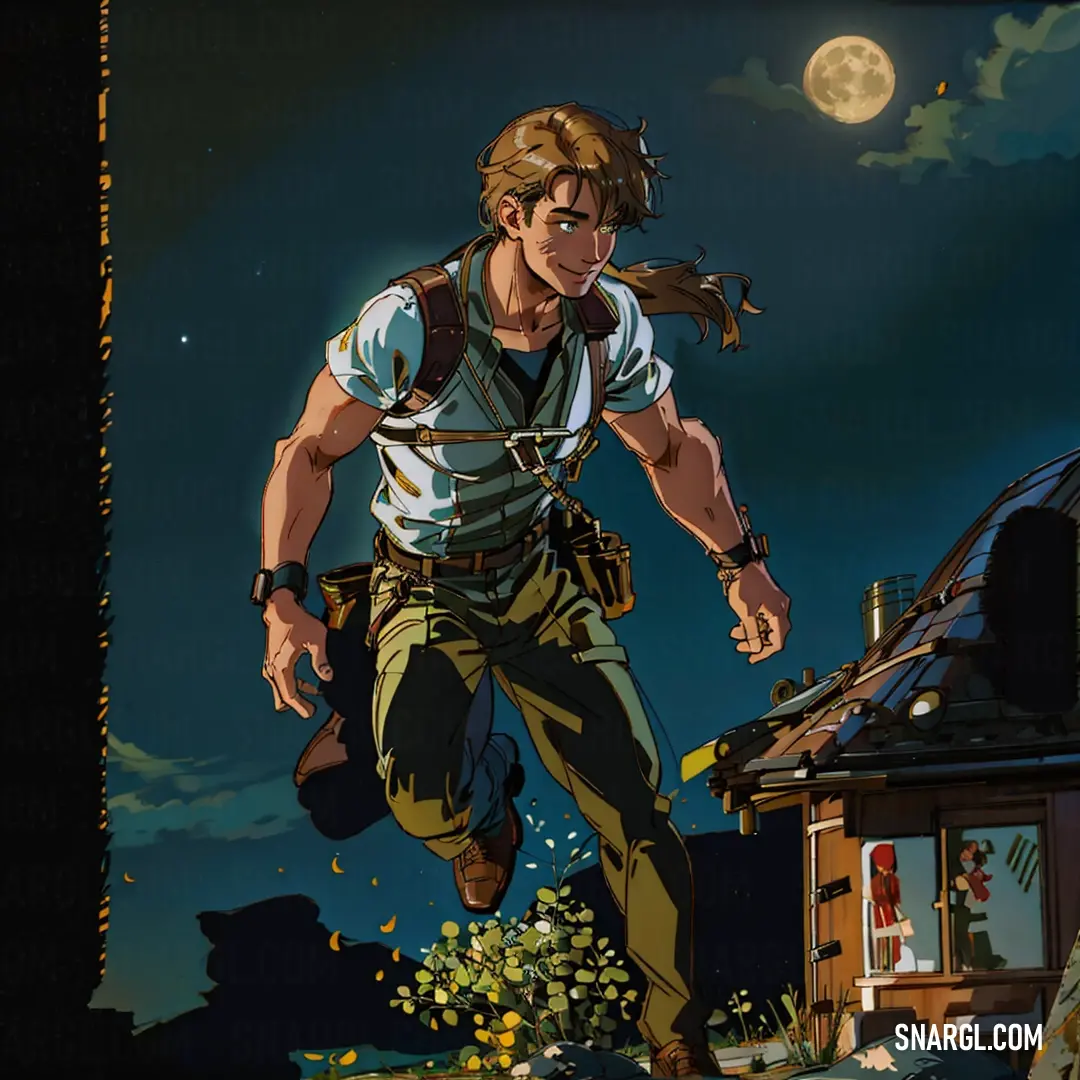 Man with a gun and a backpack running towards a house at night with a full moon in the background