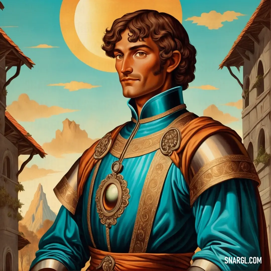 Painting of a man in a blue suit and gold armor with a sun in the background and a castle. Color CMYK 100,0,0,75.