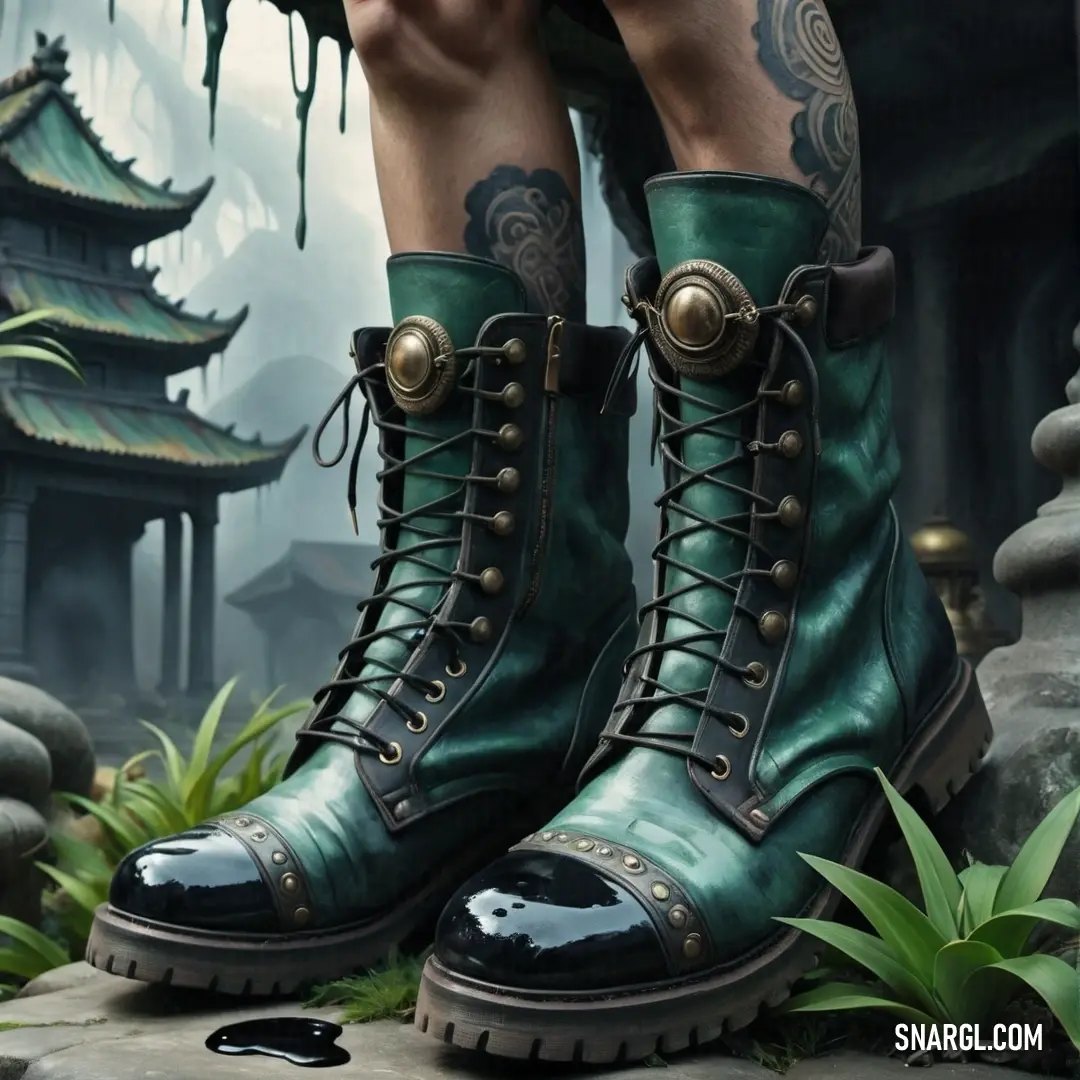 Person with tattoos and green boots standing on a rock with a green plant in front of them and a building in the background