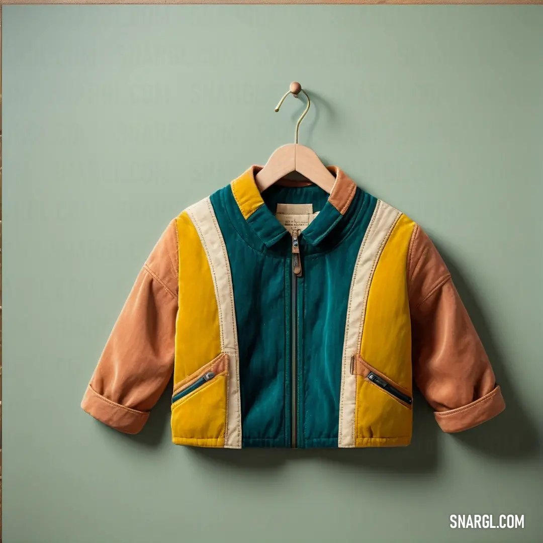 Jacket hanging on a wall with a hanger on it's side and a green background. Example of #004040 color.