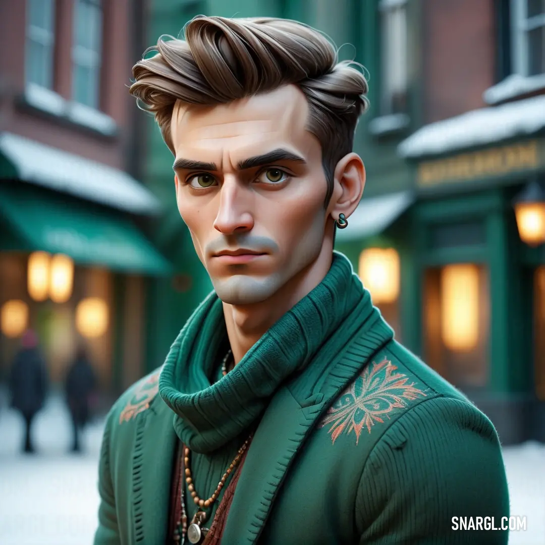 Man with a green sweater and a necklace on his neck and a green jacket on his shoulders. Color #004040.