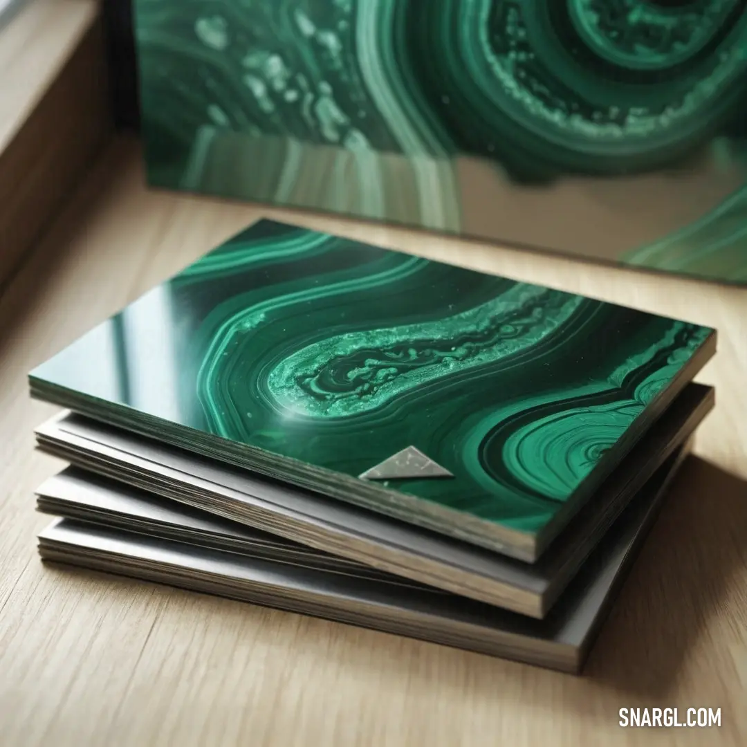 Stack of green marbled paper on top of a wooden table next to a window. Color RGB 0,64,64.