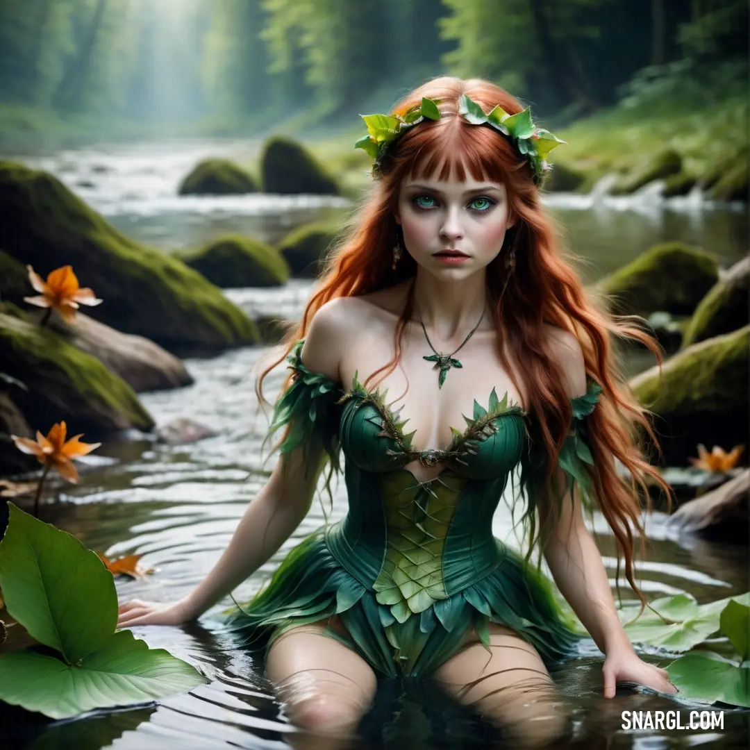 Woman in a green dress in a river with lily leaves on her head and body, with a forest background. Example of Rich black color.
