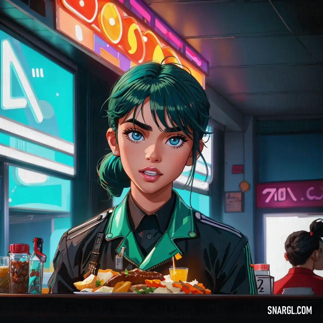 Woman with green hair and a green shirt is holding a tray of food in front of a neon sign