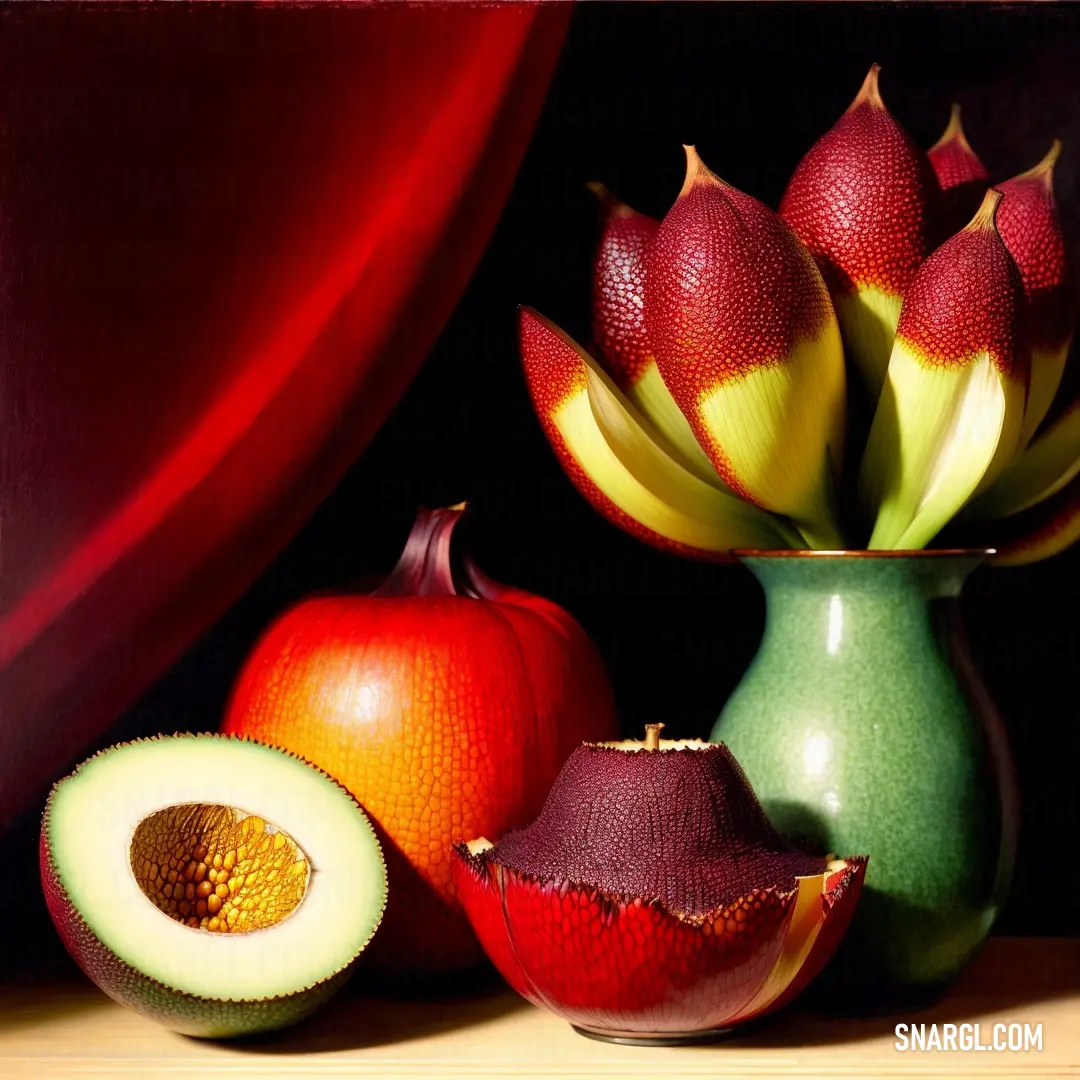 Painting of a vase with a flower and fruit inside of it
